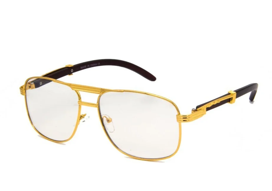 Men Eyeglasses Clear Lens Executive Sunglasses Gold Metal Wood Frame Square NEW