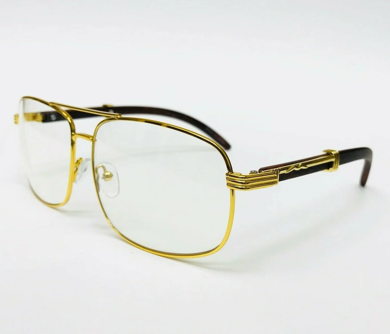 Men Eyeglasses Clear Lens Executive Sunglasses Gold Metal Wood Frame Square NEW 3