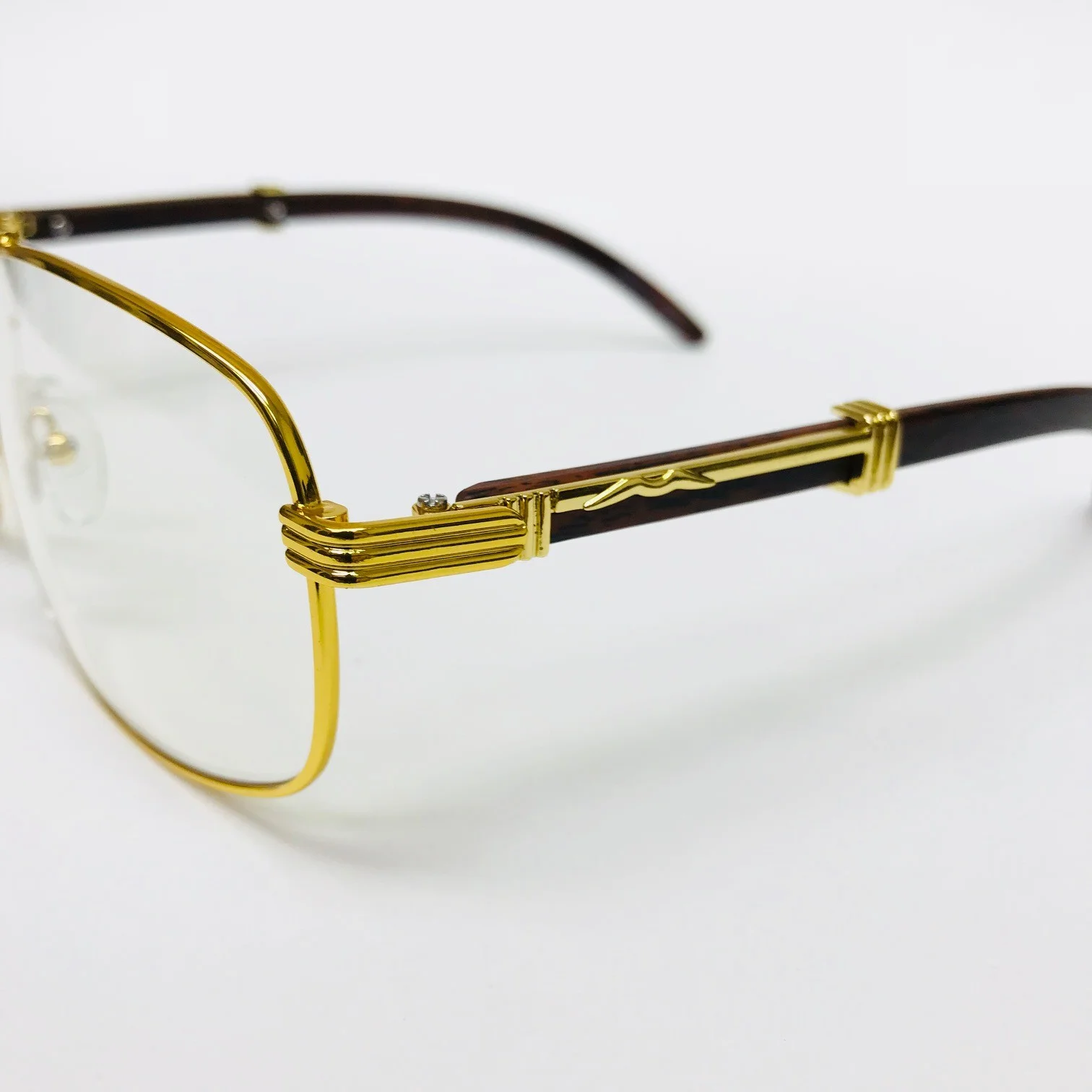 Men Eyeglasses Clear Lens Executive Sunglasses Gold Metal Wood Frame Square NEW 4