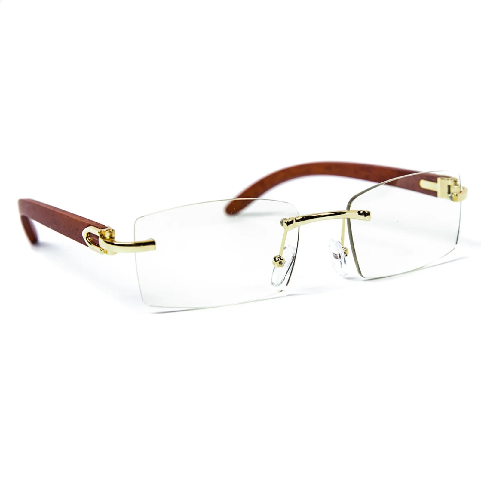 Vintage Rimless Wood Gold Frame Retro Hip Hop Mens Clear Lens Glasses 3
